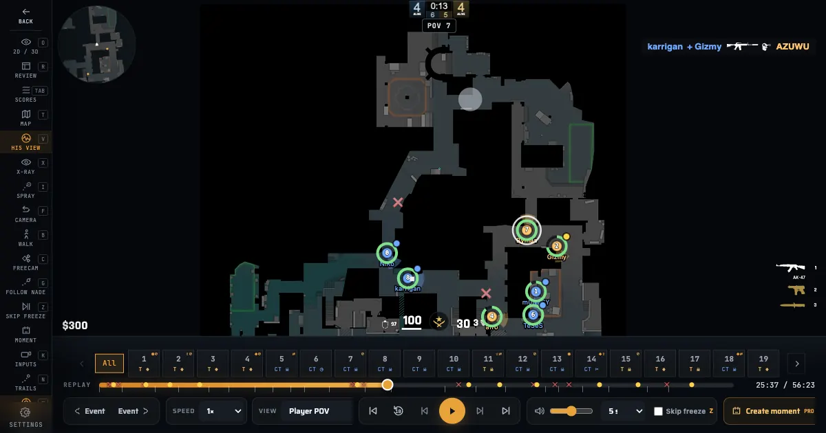 A Counter-Strike 2 round playing on the Inferno radar: ten player dots with names and health rings, kill markers, the round timer and the replay timeline.
