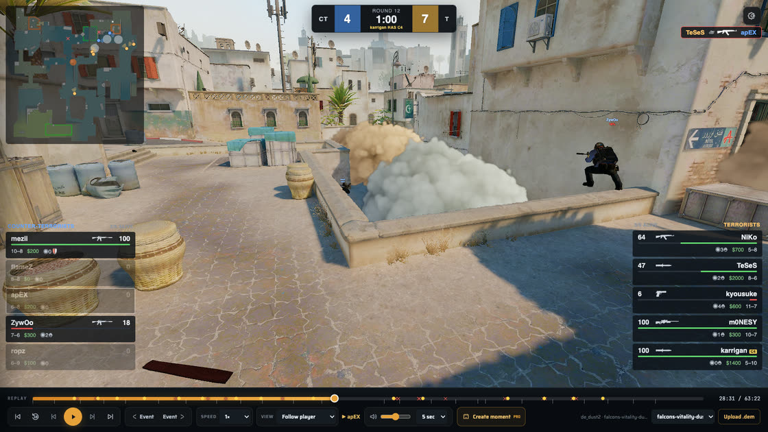 The 3D Demo Viewer showing a Dust2 round: volumetric smoke, both team rosters, killfeed, radar and a replay timeline.